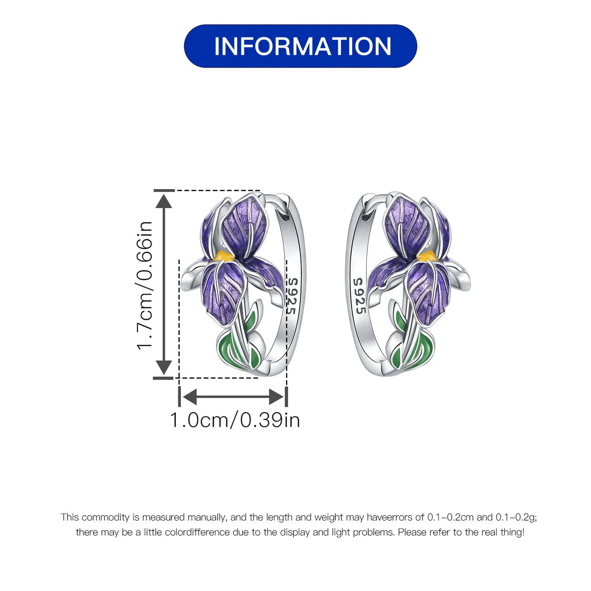 Sterling silver huggie earrings with purple iris flower enamel, 1.7cm by 1.0cm