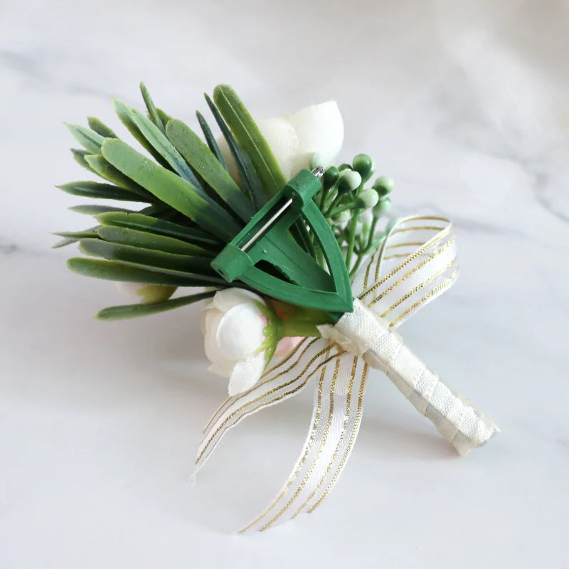 Ivory peony boutonniere with green leaf accent, striped ribbon streamers, white stem