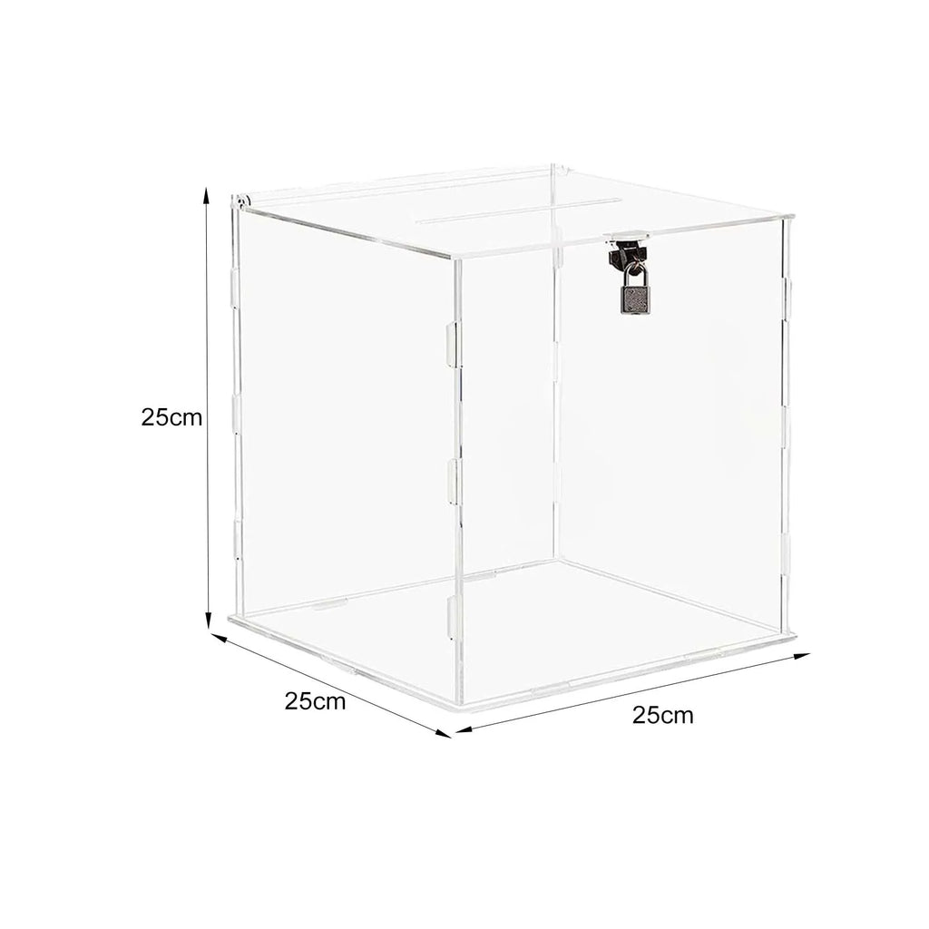 Clear acrylic wedding card box with lock, angled view with 25 cm size marks