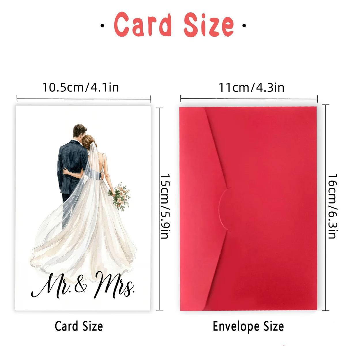 Wedding card size diagram: 10.5 x 15 cm card and 11 x 16 cm envelope