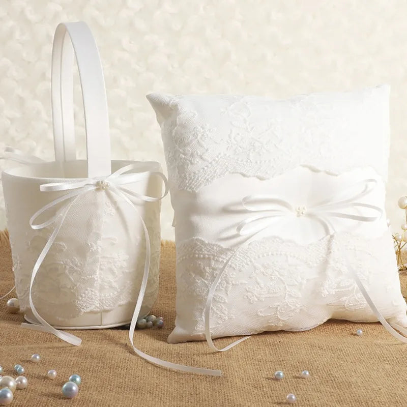 White lace satin flower basket with ribbon handle and matching ring bearer pillow