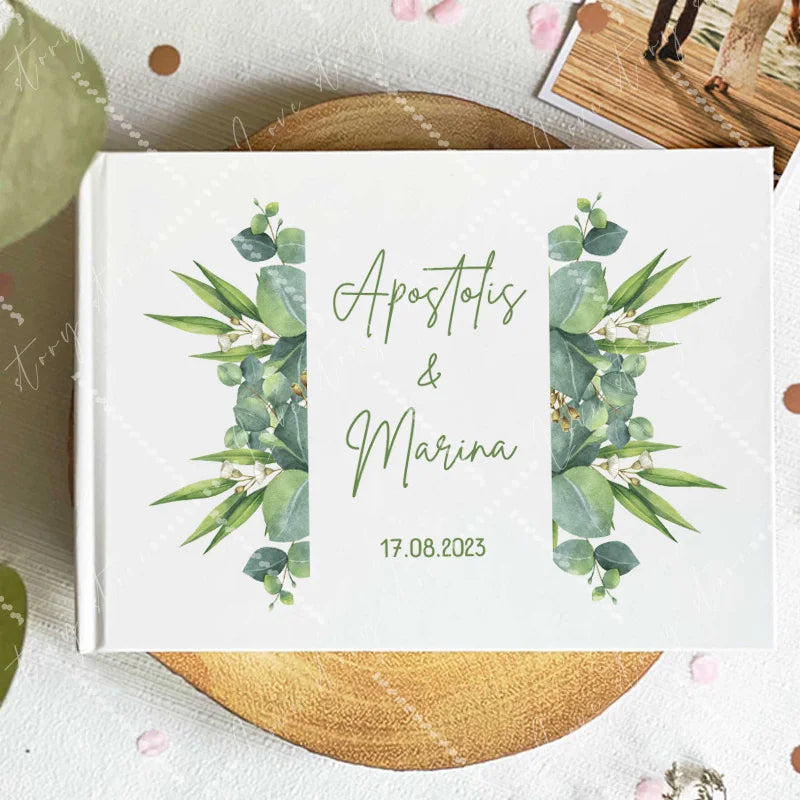 Wedding guest book cover with eucalyptus-style leaves and botanical frame; 17.08.2023