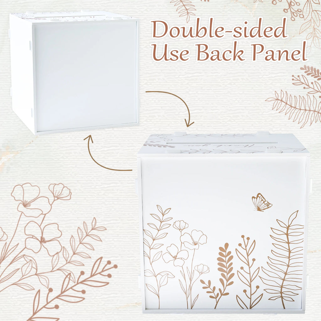 White double-sided wedding card box with botanical floral art and blank back panel