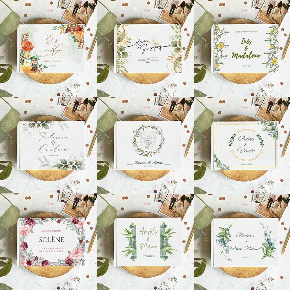 Set of wedding guest book covers with gold half-moon accents and floral name cards