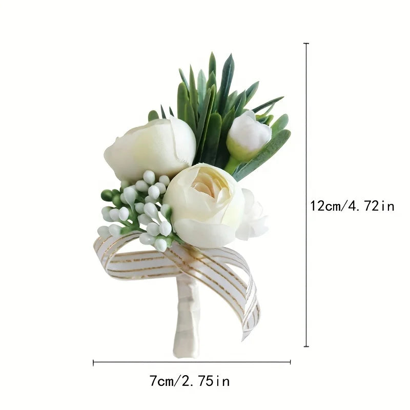 Ivory peony boutonniere, 12cm x 7cm, with white berries, green leaves, striped ribbon