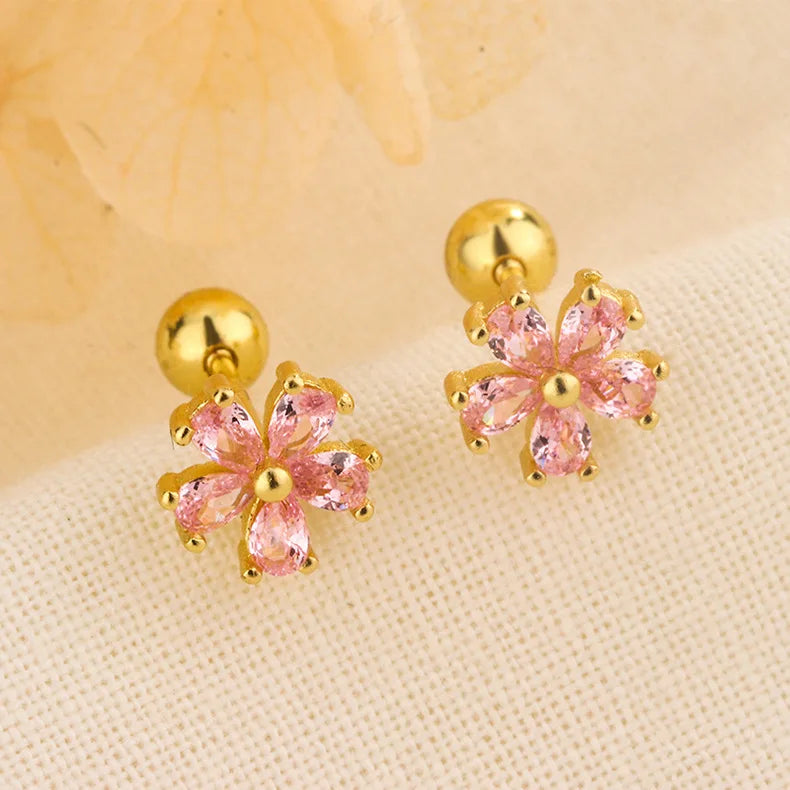 Gold pink flower stud earrings with crystal petals, ball posts