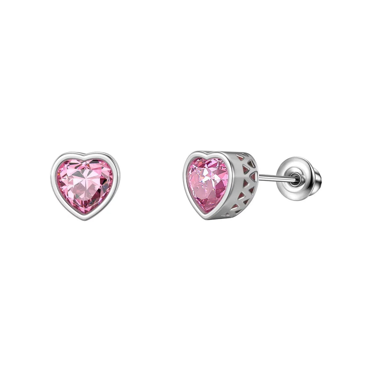 Heart sparkle stud earrings with pink crystal center and silver-tone bezel