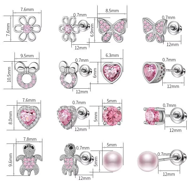 Assorted pink crystal stud earring designs with sizes shown: flower, butterfly, heart, teddy, pearl