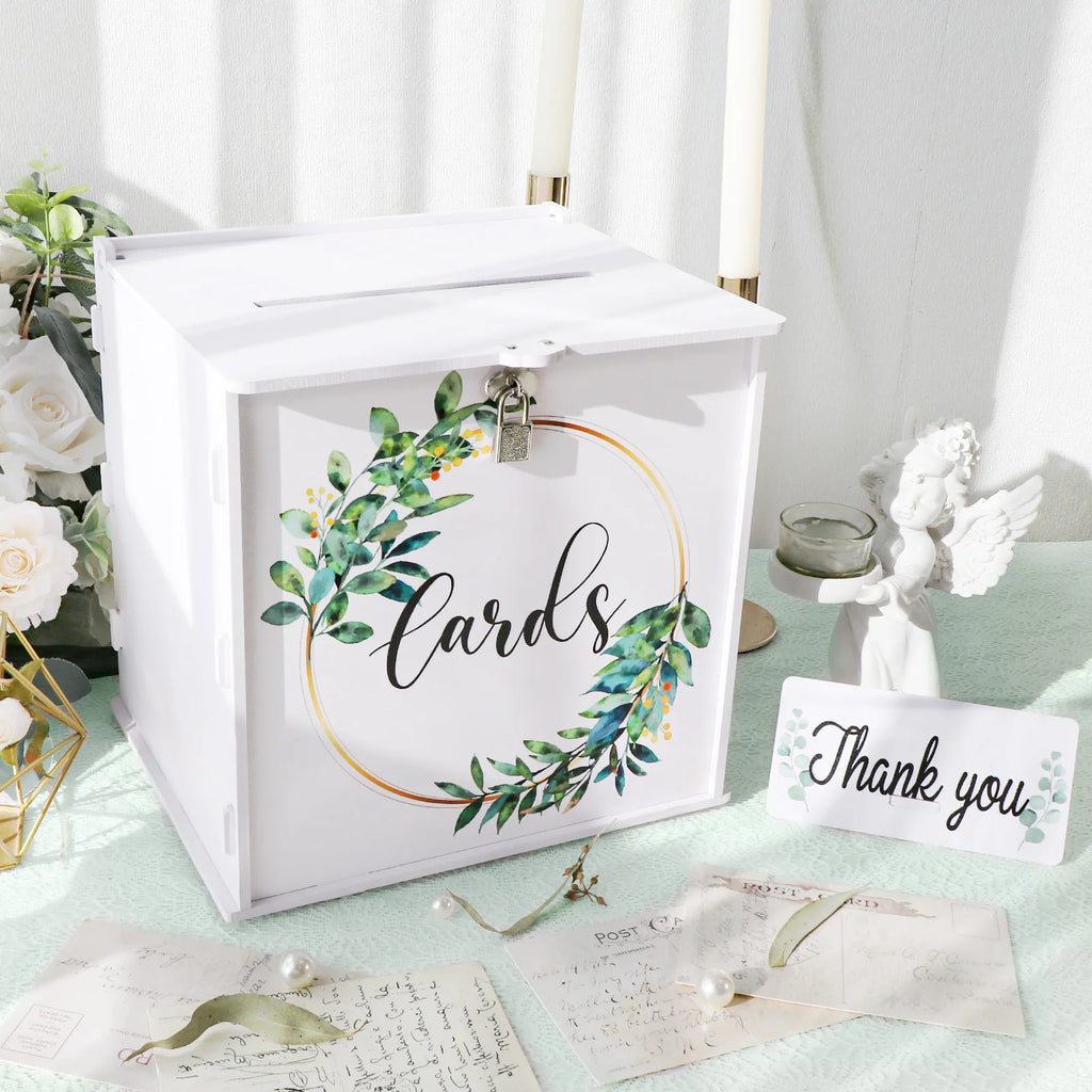 White wedding card box with wreath-style frame and lock, "Cards" front panel