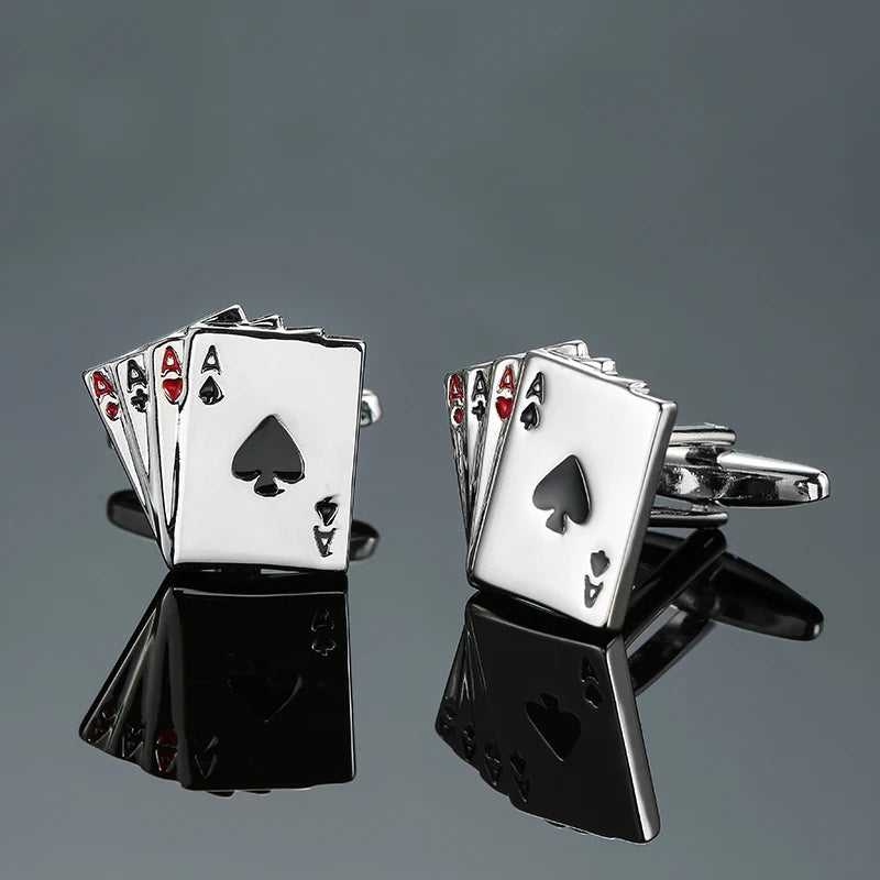 Cuff-link set with playing card Ace designs, silver tone and black base, square shape