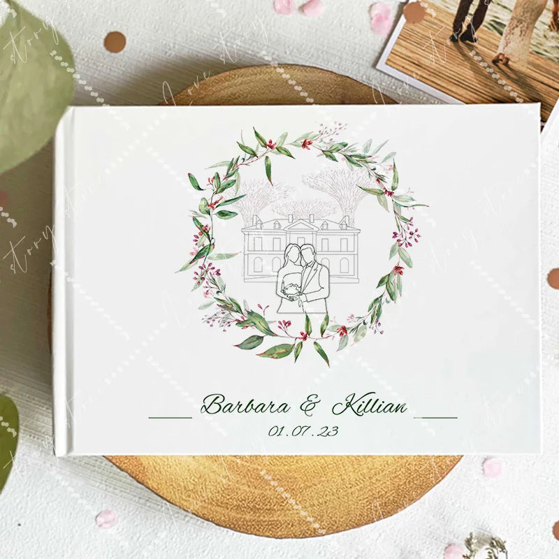 Wedding guest book cover with green floral wreath around an illustration; names and date 01.07.23