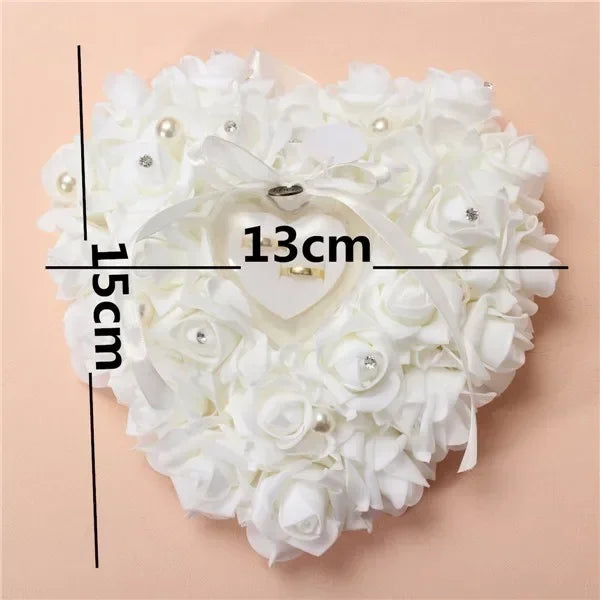 White heart-shaped rose ring pillow, 15 x 13 cm, with pearl and crystal details