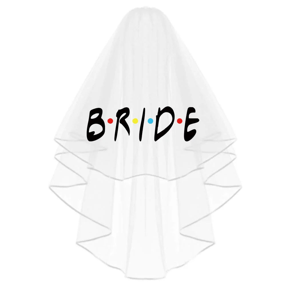 White bride hen party veil with "BRIDE" word art