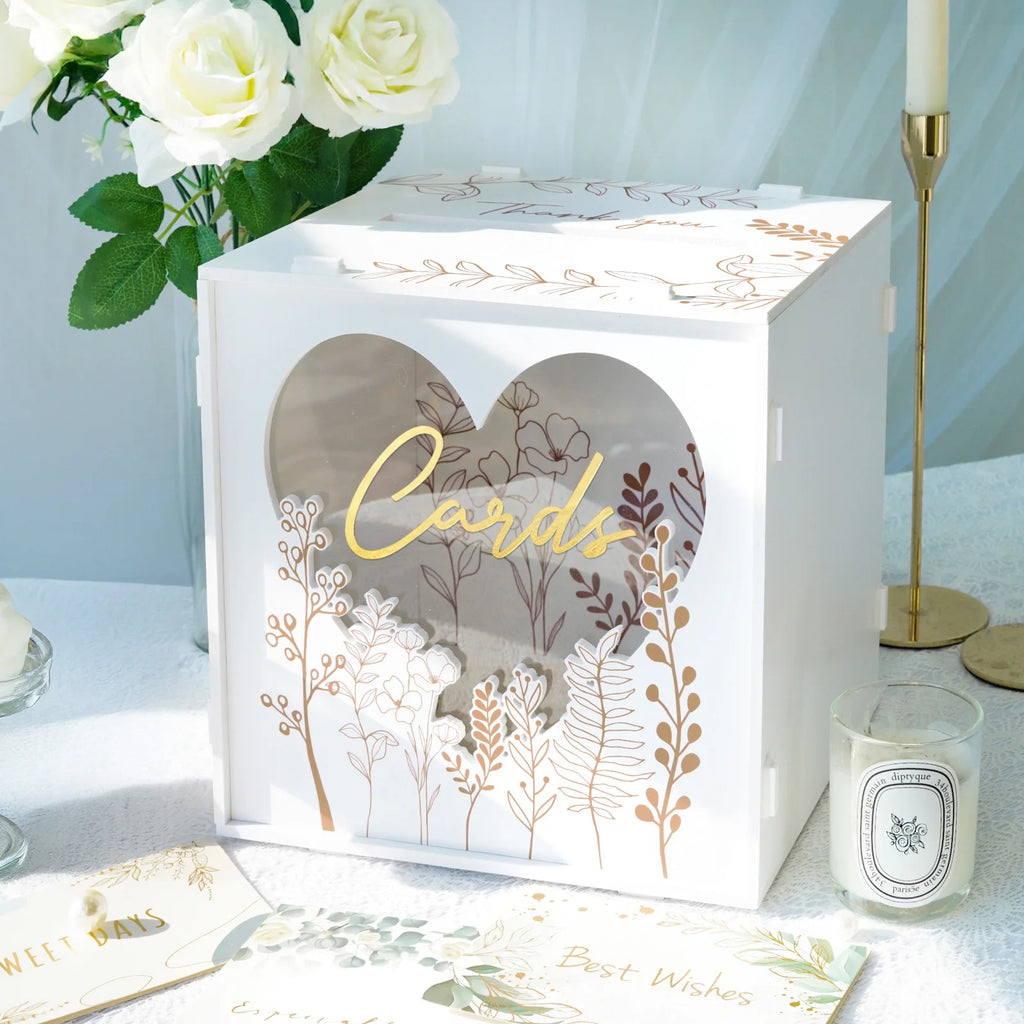 White wedding card box with botanical heart window and gold foil floral design