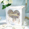 White wedding card box with botanical heart window and gold foil floral design