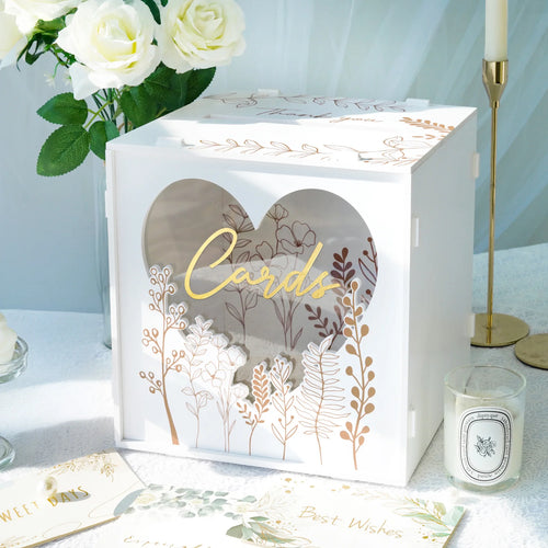 White wedding card box with botanical heart window and gold foil floral design
