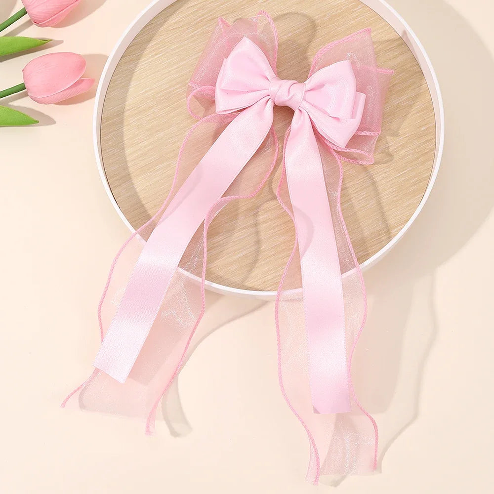 Girls chiffon bow hair clip with long ribbon tails, pink chiffon