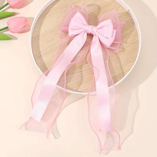 Girls chiffon bow hair clip with long ribbon tails, pink chiffon