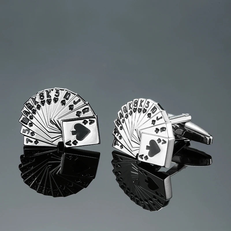 Cuff-link set with fanned playing cards and Ace of spades, silver tone, black base