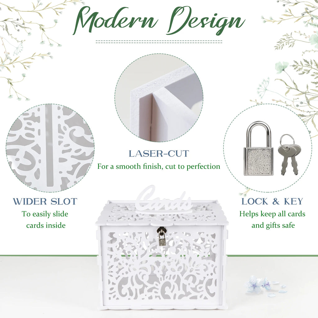 Milky white laser-cut floral lace card box chest with lock, key, and wide slot