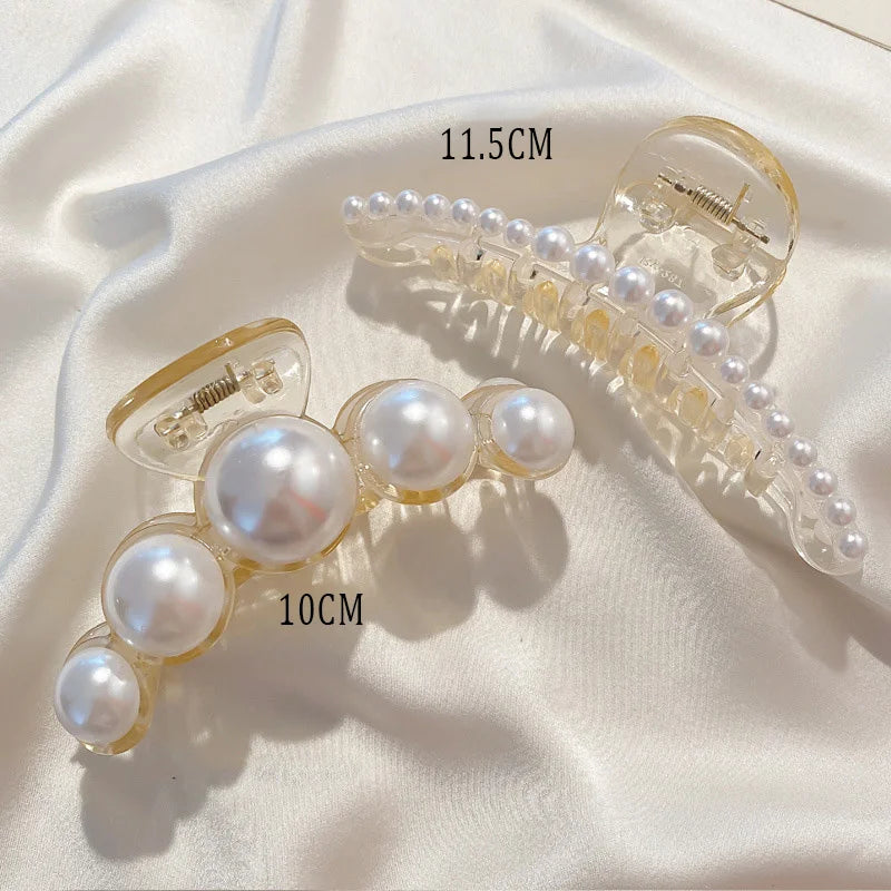 Pearl bead hair claw clip with round pearl accents and clear prongs