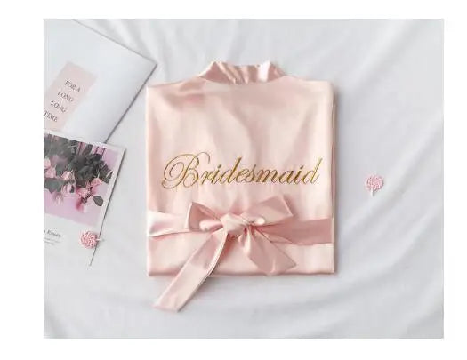 Blush satin robe with embroidered “Bridesmaid” and satin waist ribbon bow