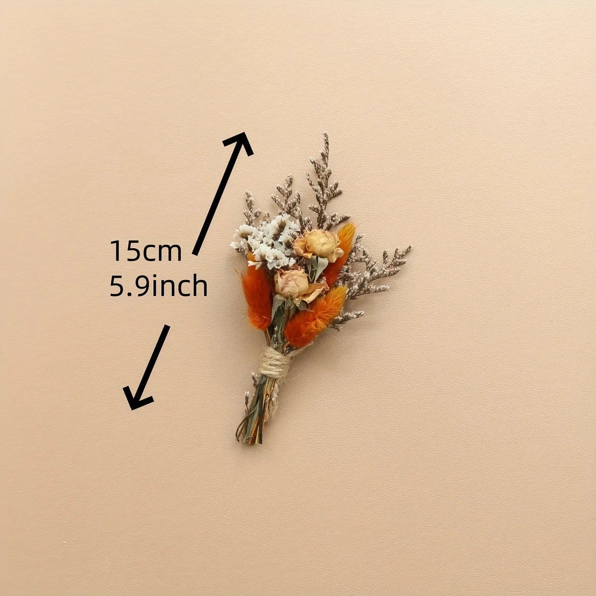 Dried flower boutonniere, orange and white blooms on 15 cm twine-wrapped stems