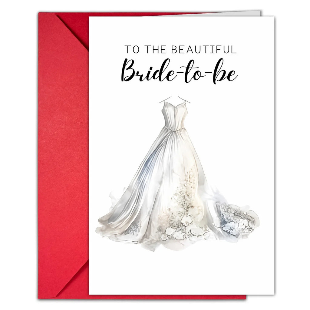 Bride-to-be wedding card with watercolor dress illustration and red envelope