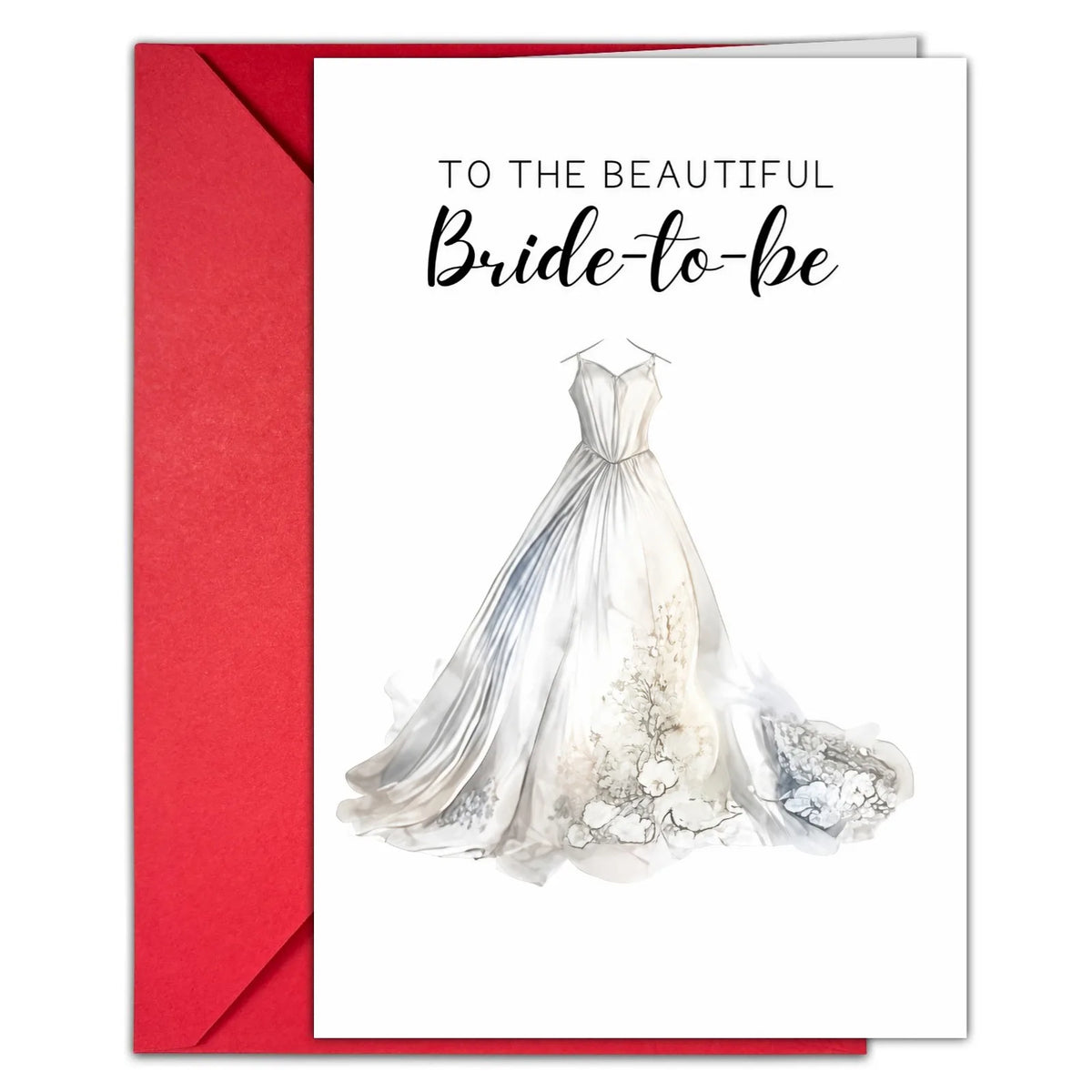 Bride-to-be wedding card with watercolor dress illustration and red envelope