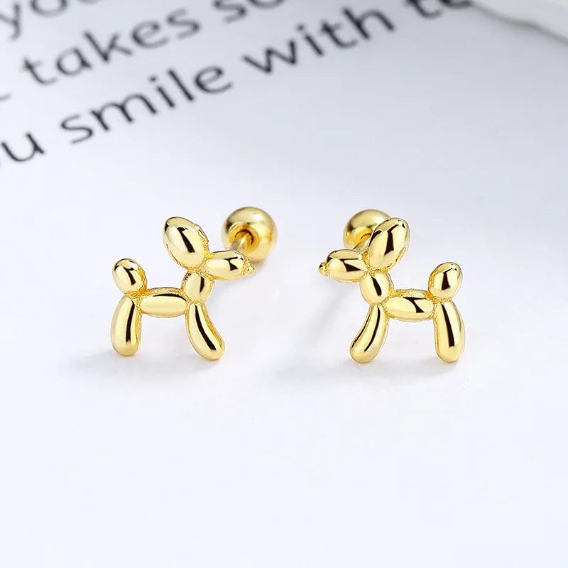 Gold balloon dog stud earrings with polished twisted design, ball posts