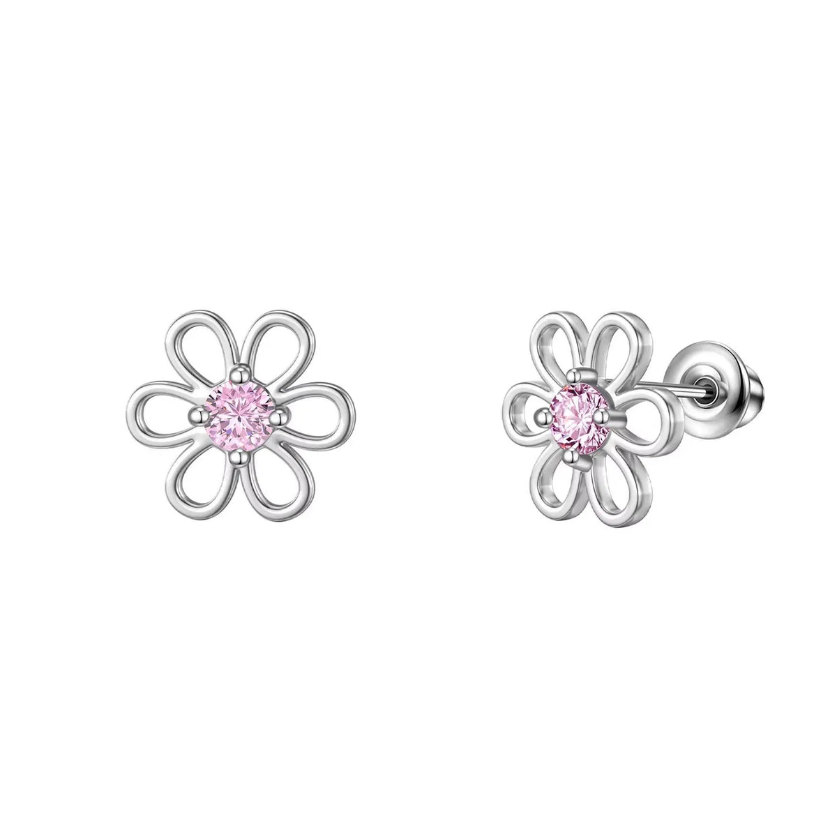Flower sparkle stud earrings with pink center crystal and silver-tone post backs