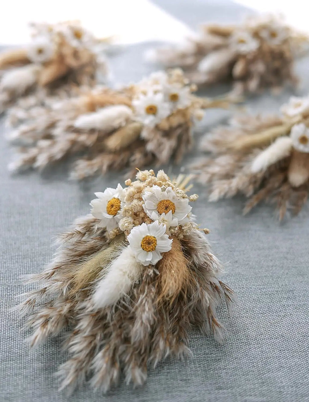 Single dried flower boutonnière with white daisies, light tan pampas, and wrapped stem