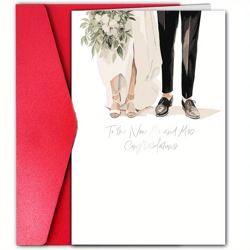 Wedding congratulations card with illustrated bride and groom legs, with red envelope