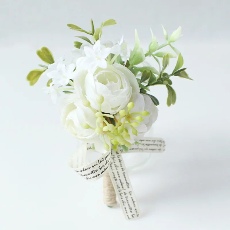 Silk botanical groom's lapel pin with white rose and light-green foliage, burlap stem