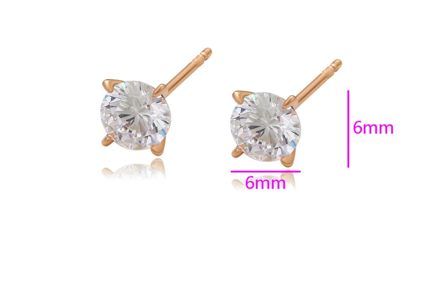 Gold-tone diamond stud earrings with round white stones, 6 mm size, push-back studs