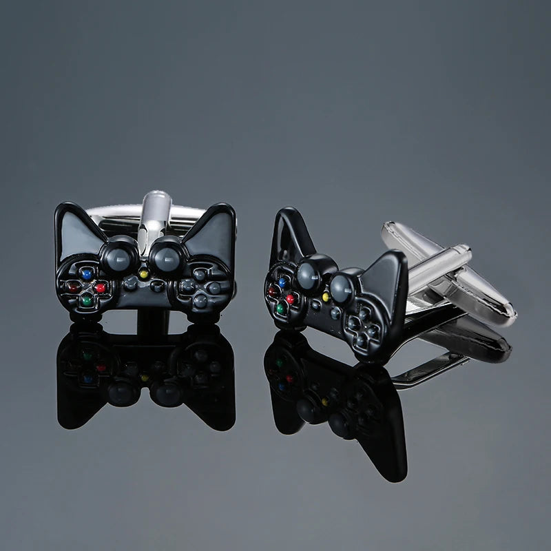 Cuff-link set with gaming controller designs, dark enamel, chrome posts