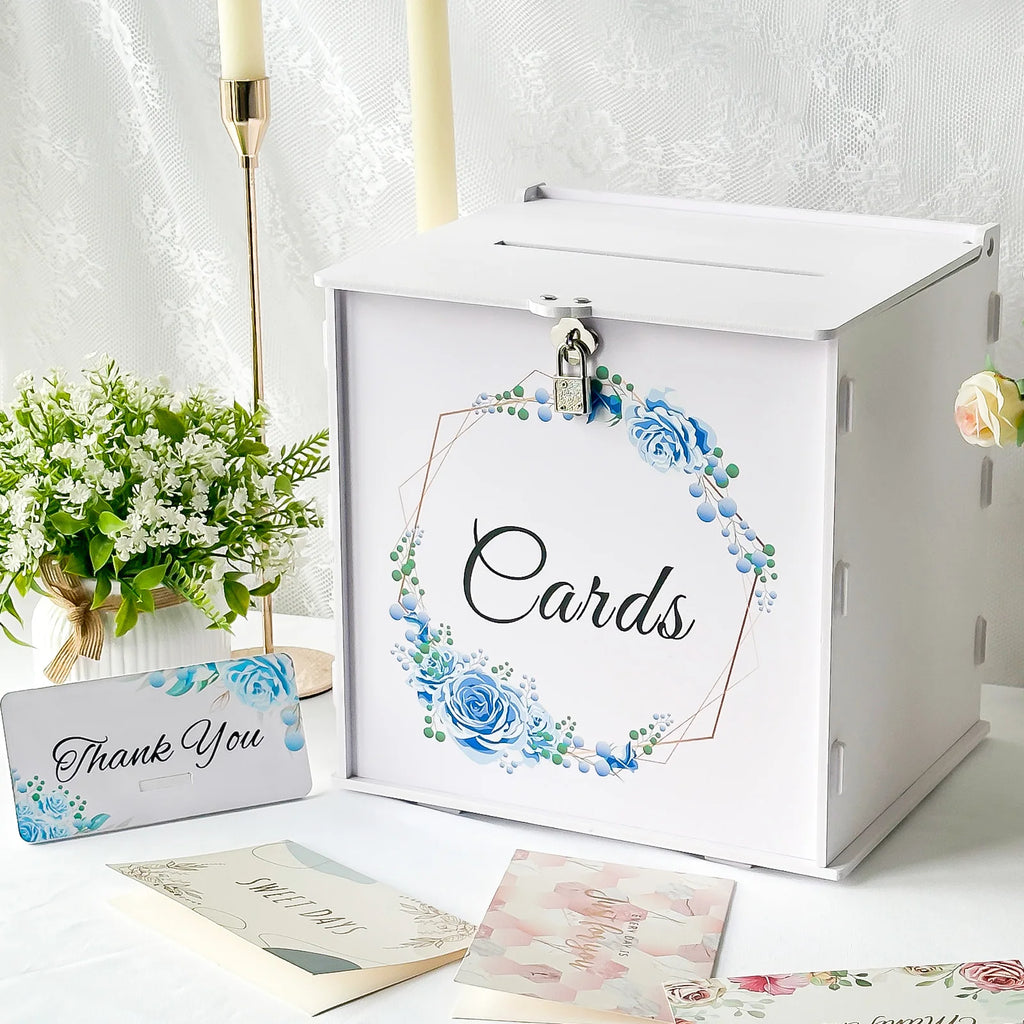 White wedding card box with lock, blue rose wreath and 'Cards' panel, open top