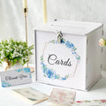 White wedding card box with lock, blue rose wreath and 'Cards' panel, open top