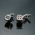 Cuff-link set with dice designs, silver tone with red pips, round cuff posts