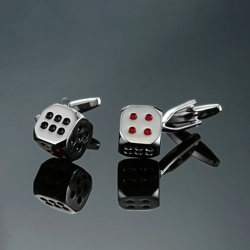 Cuff-link set with dice designs, silver tone with red pips, round cuff posts