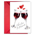 Wedding celebration card with watercolor red wine glasses, hearts, 'Cheers to forever', red envelope