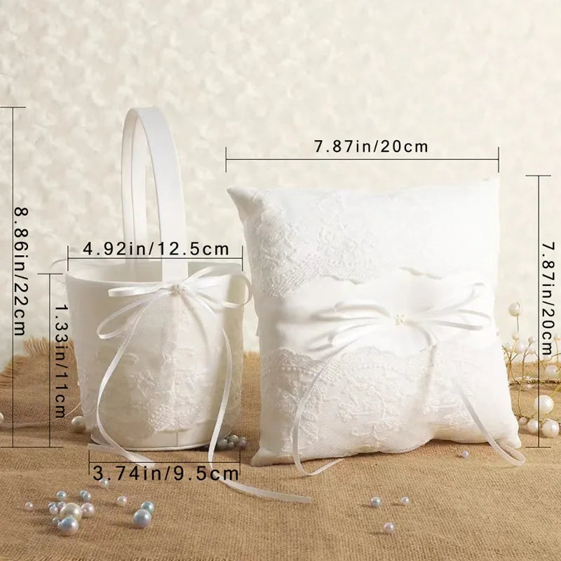 White lace satin flower basket with matching ring pillow, shown with size measurements
