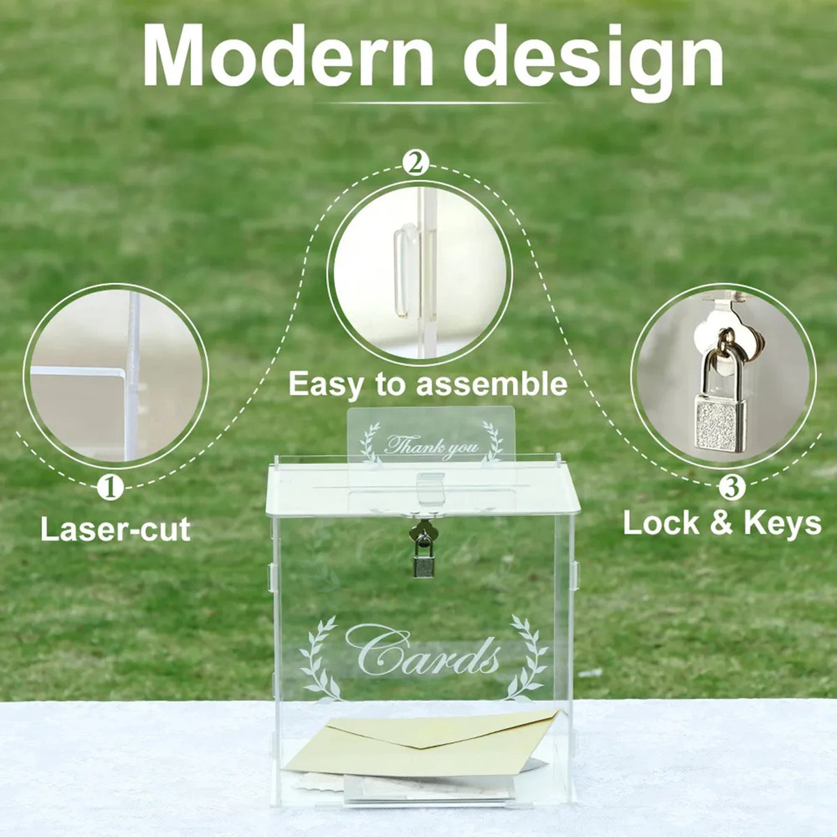 Clear acrylic wedding card box with lock and keys, shows laser-cut panels