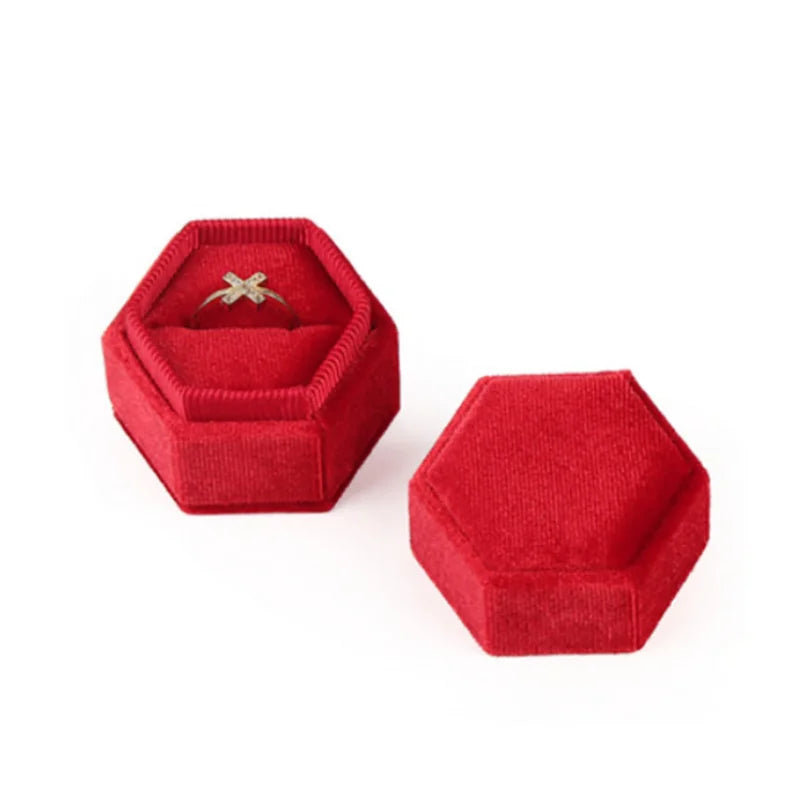 Red octagonal velvet ring box set: open lid and closed box