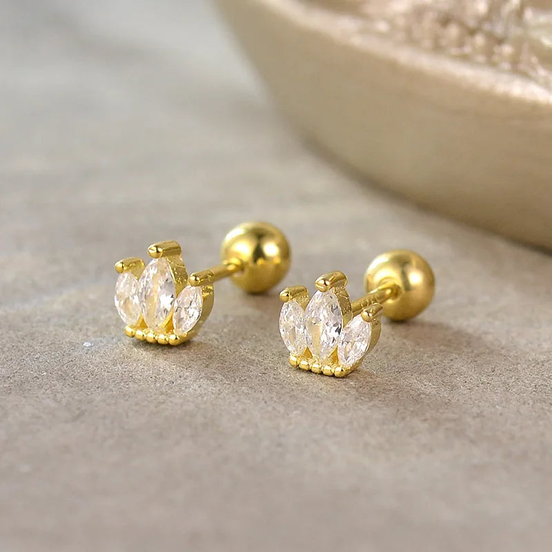 Gold teardrop sparkle stud earrings with clear stones, ball posts