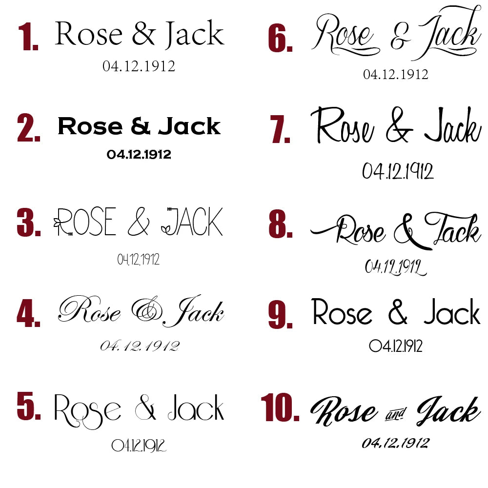 Rose & Jack wedding text in 10 style variations with dates