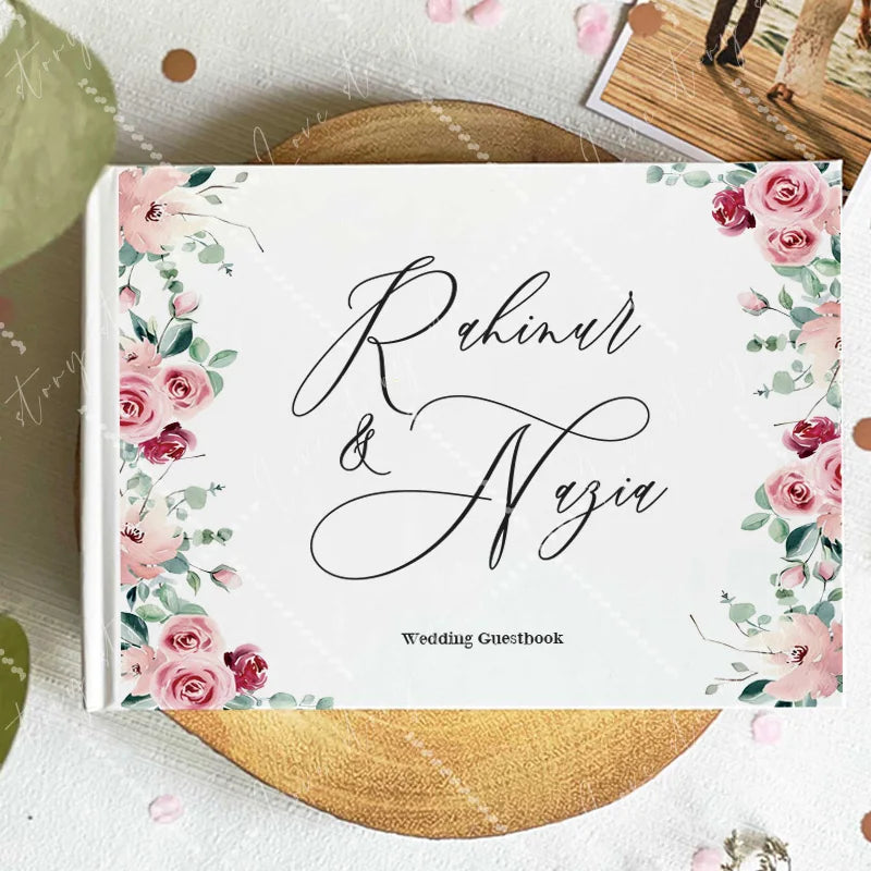 Wedding guest book cover with pink rose corners and large script names; Wedding Guestbook