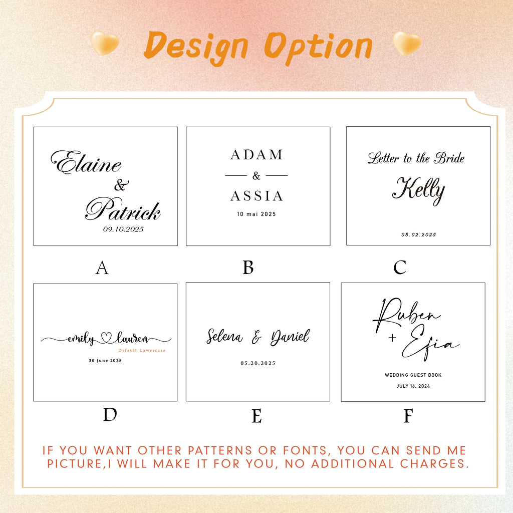 Wedding guest book design options chart with sample cover layouts A–F