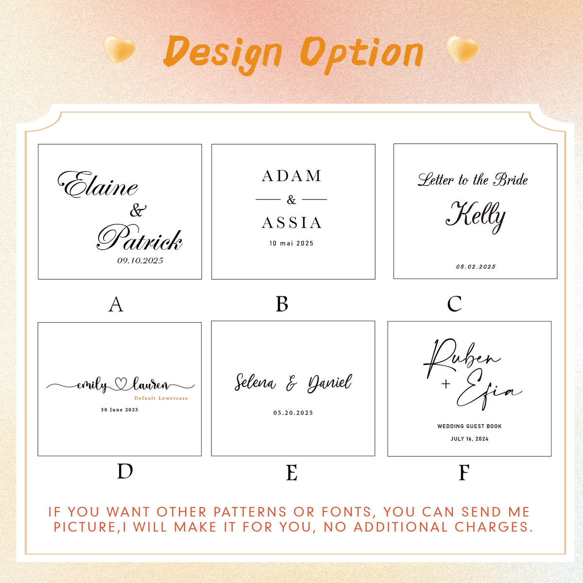 Wedding guest book design options chart with sample cover layouts A–F