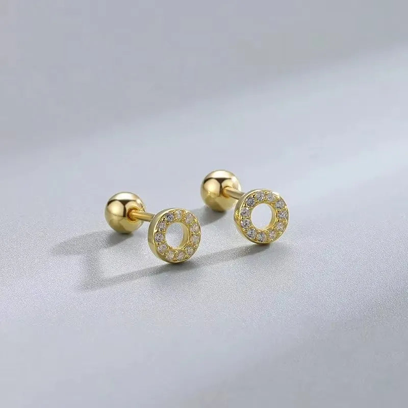 Gold round sparkle stud earrings with clear stone halo, stud posts